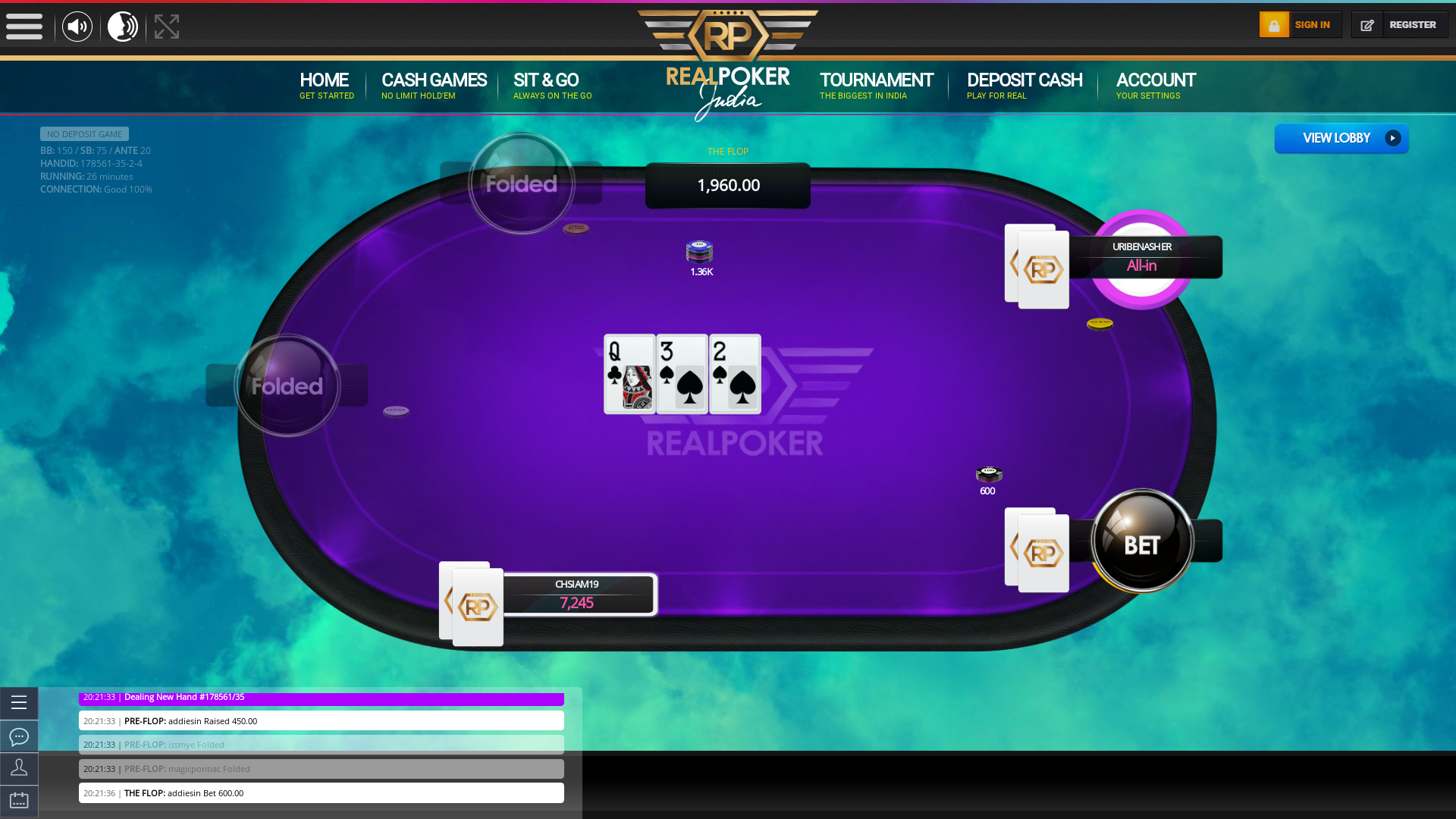 Real Indian poker on a 10 player table in the 26th minute of the game