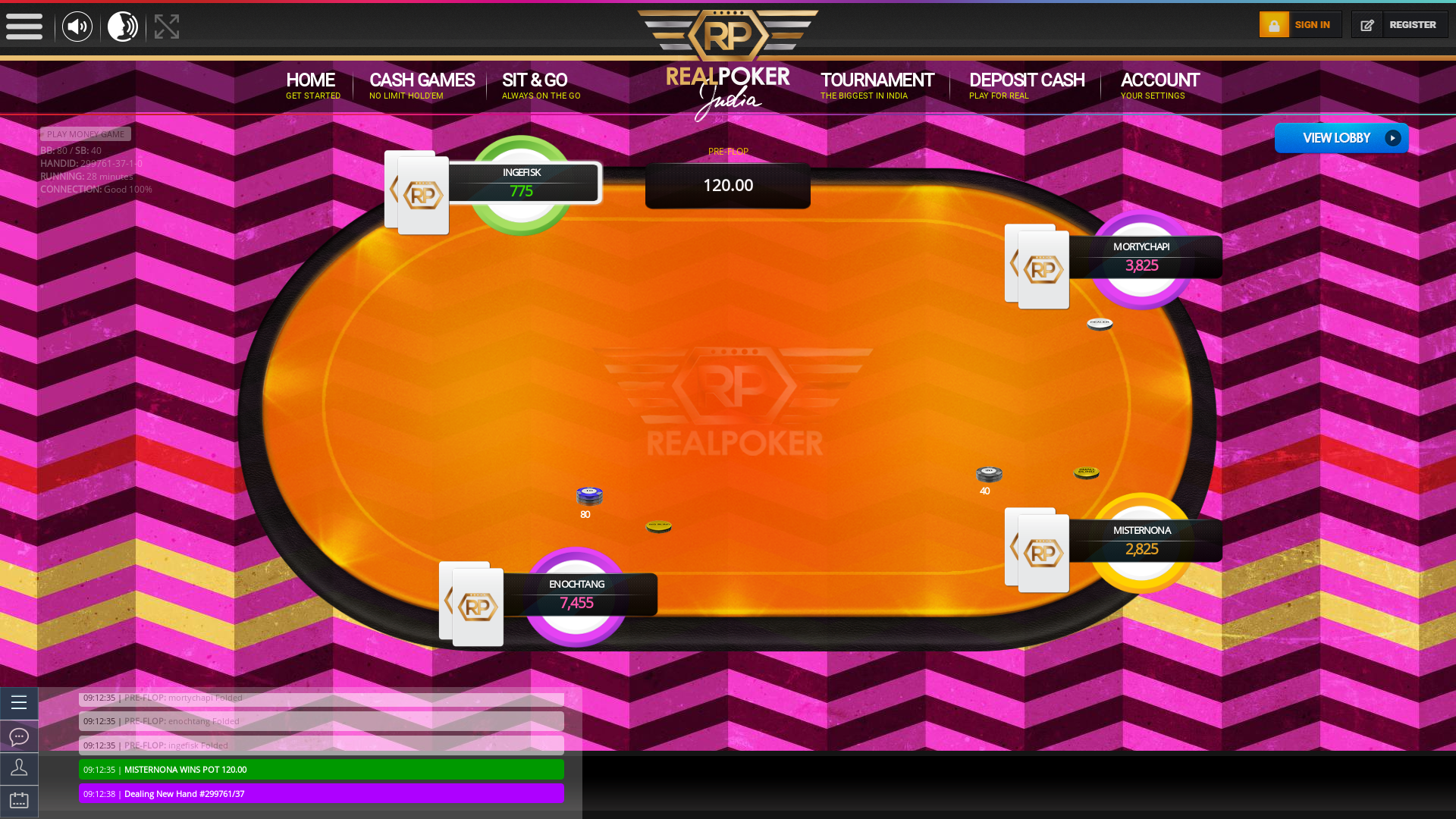 Real Indian poker on a 10 player table in the 28th minute of the game