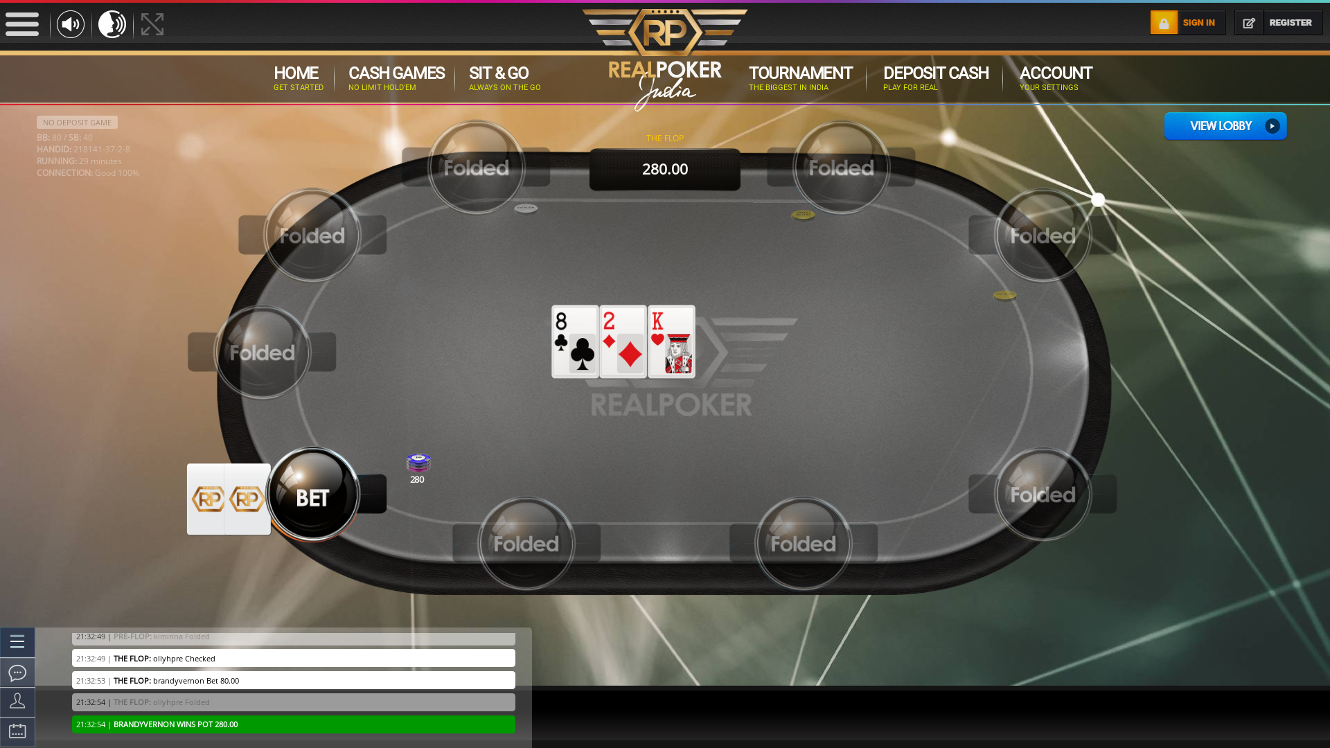Real Indian poker on a 10 player table in the 29th minute of the game