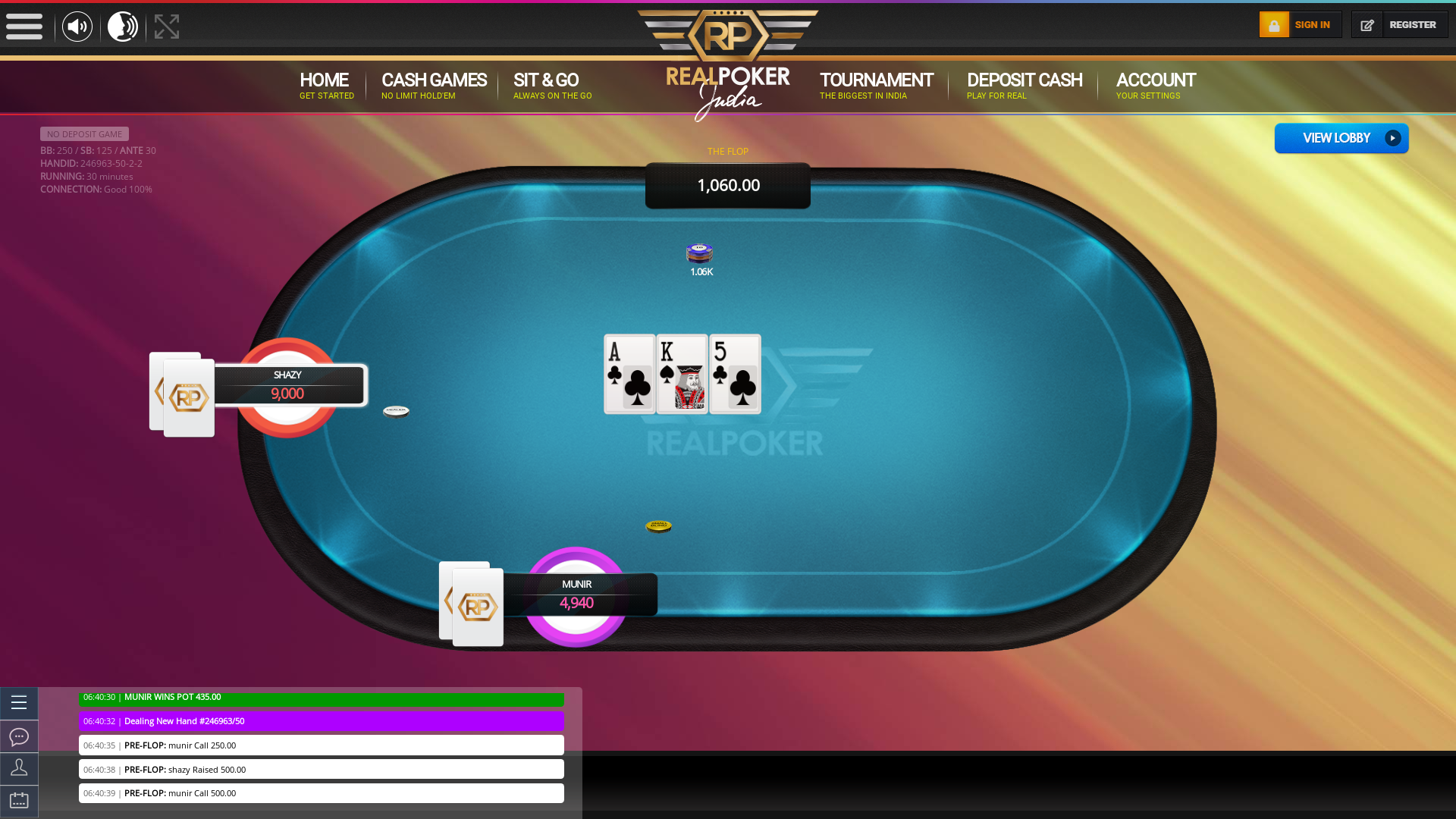 Real Indian poker on a 10 player table in the 30th minute of the game