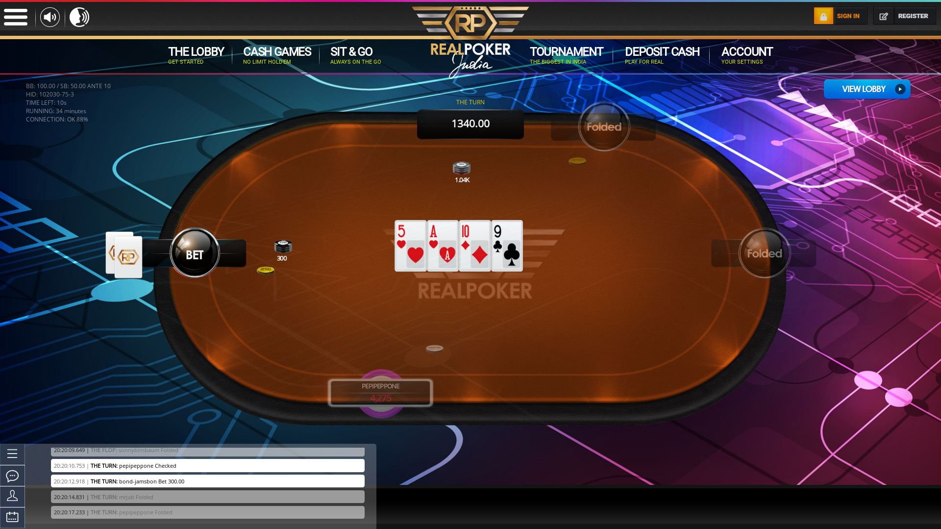 Real Indian poker on a 10 player table in the 34th minute of the game