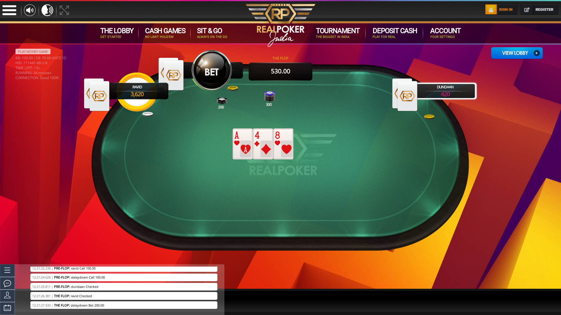 Real Indian poker on a 10 player table in the 34th minute of the game