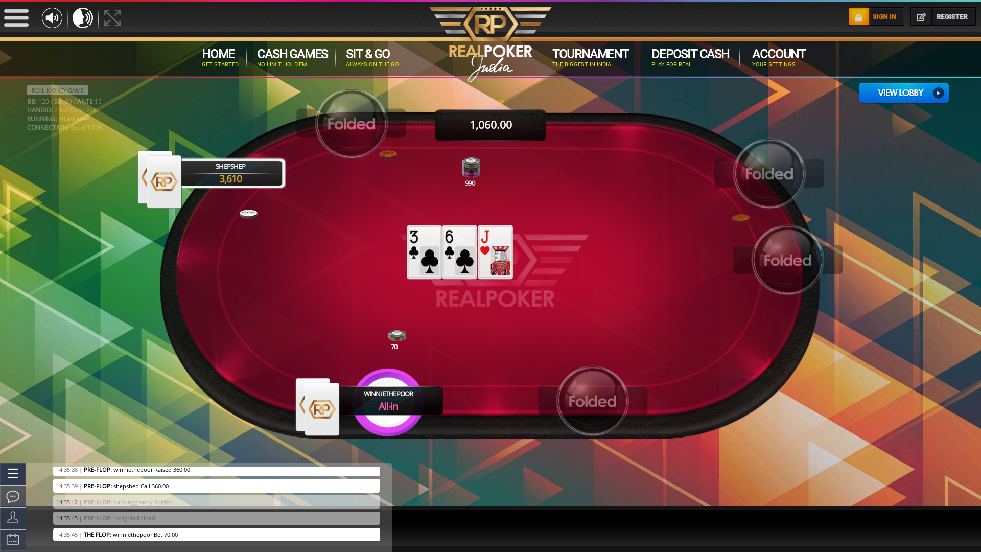 Real Indian poker on a 10 player table in the 37th minute of the game