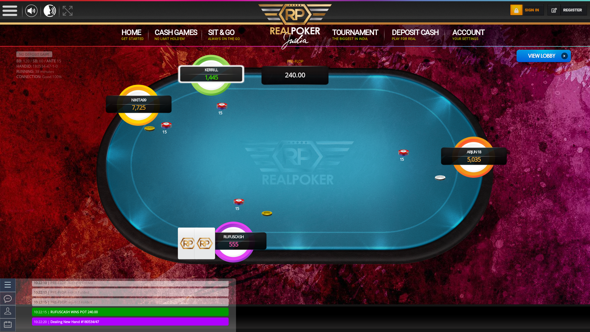 Real Indian poker on a 10 player table in the 38th minute of the game
