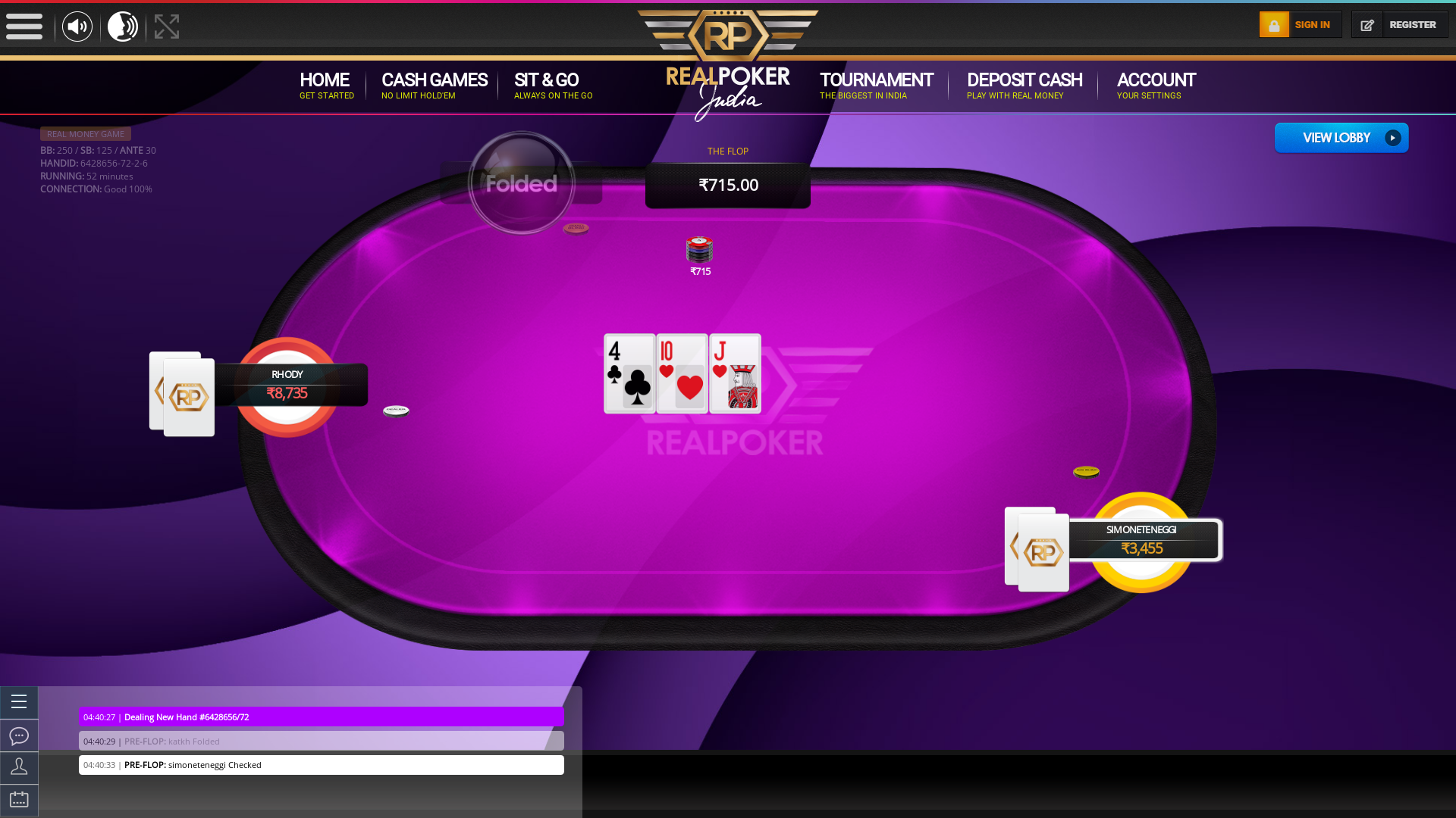 Real indian poker on a 10 player table in the 52nd minute of the game
