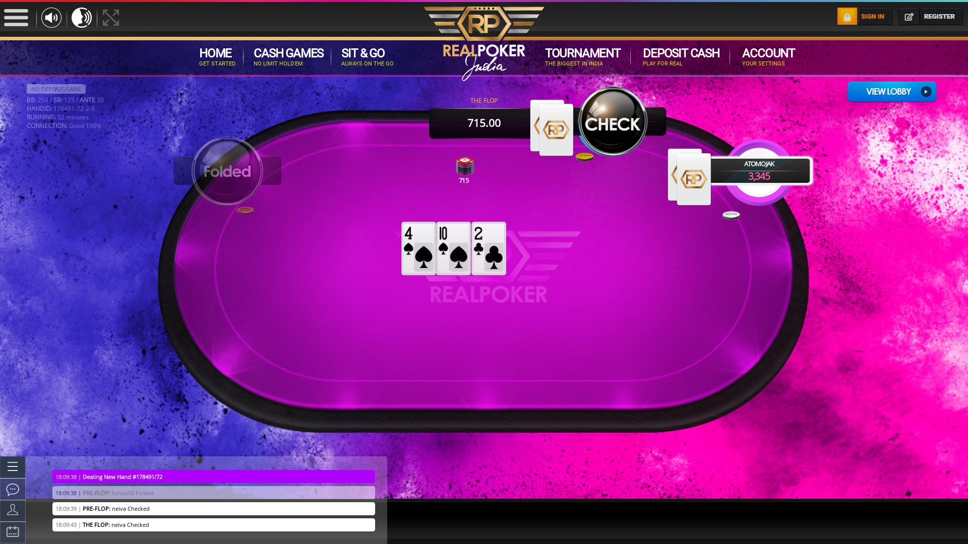 Real Indian poker on a 10 player table in the 52nd minute of the game