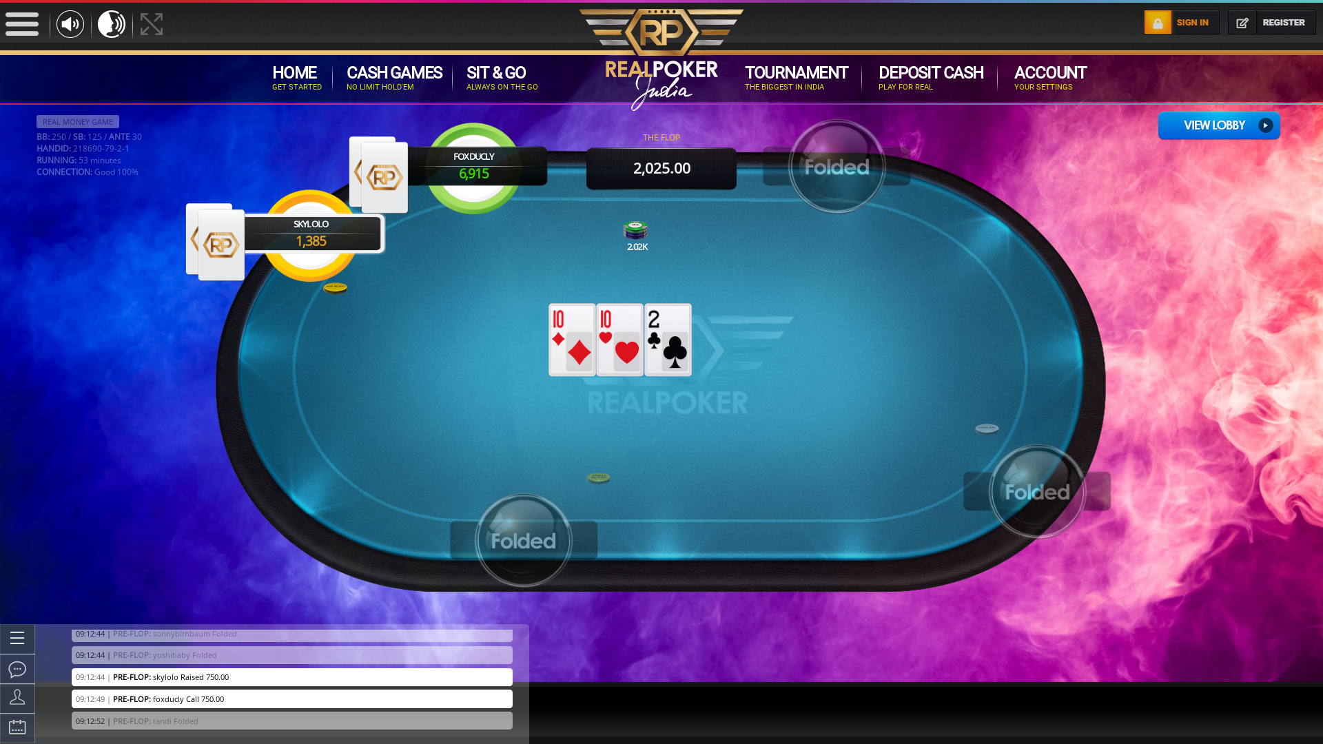 Real Indian poker on a 10 player table in the 53rd minute of the game