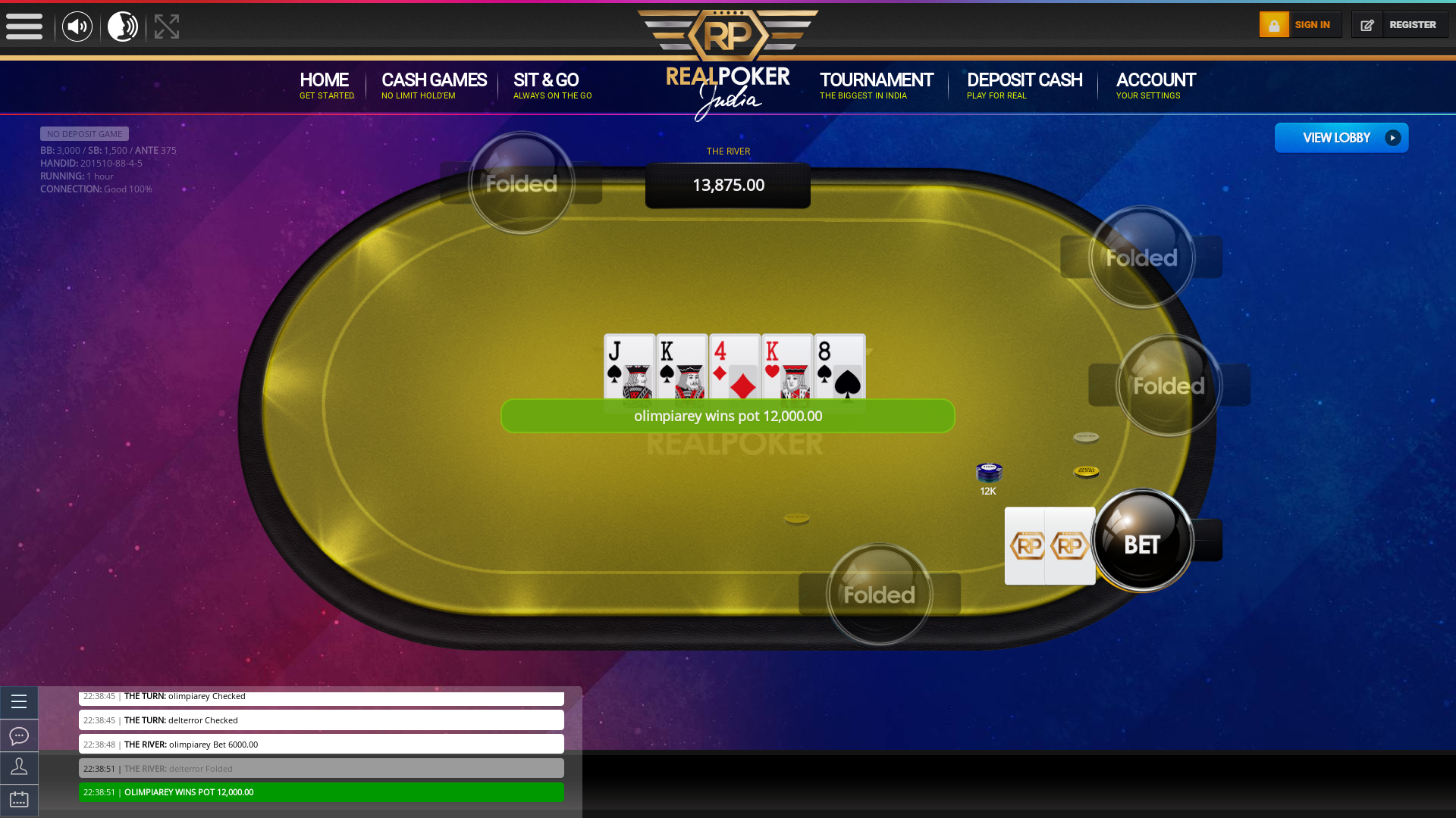 Real Indian poker on a 10 player table in the 70th minute of the game