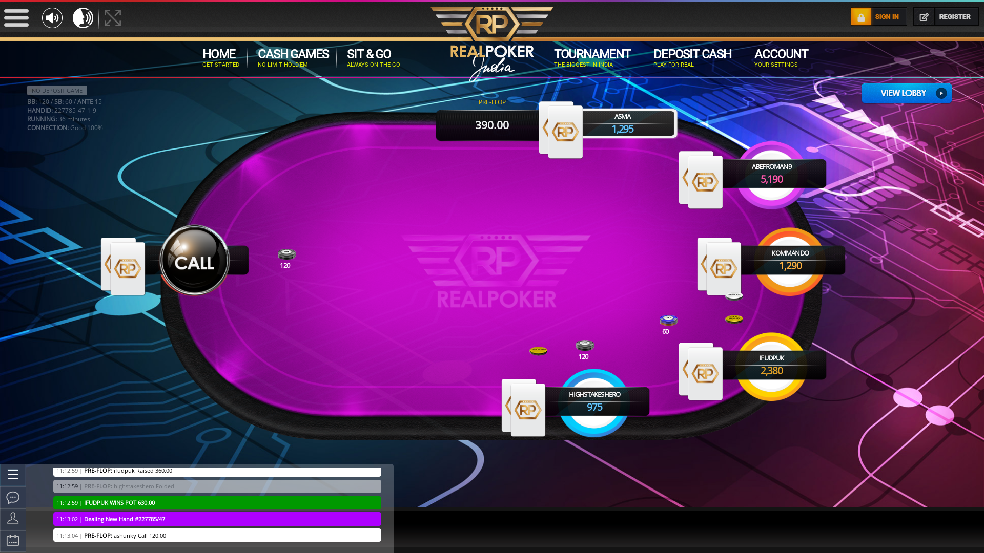 Real poker 10 player table in the 36th minute of the match