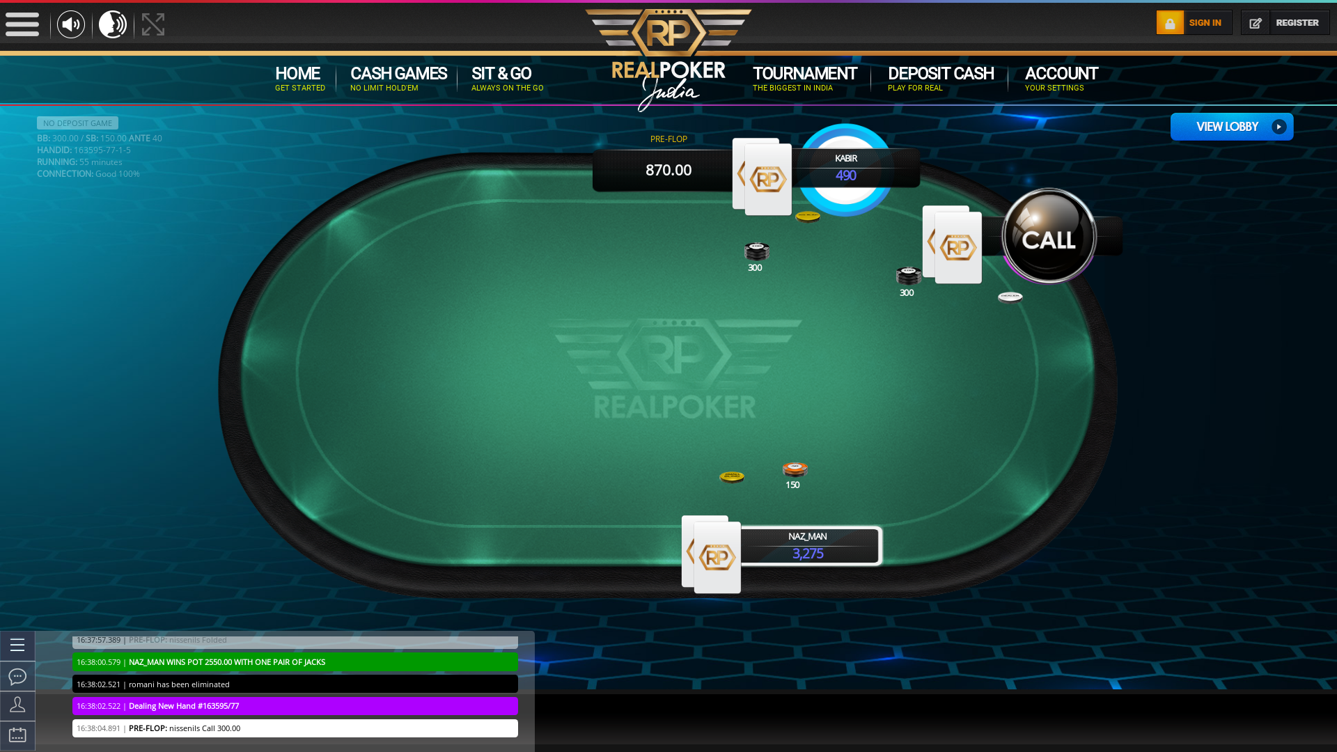 Real poker 10 player table in the 55th minute of the match