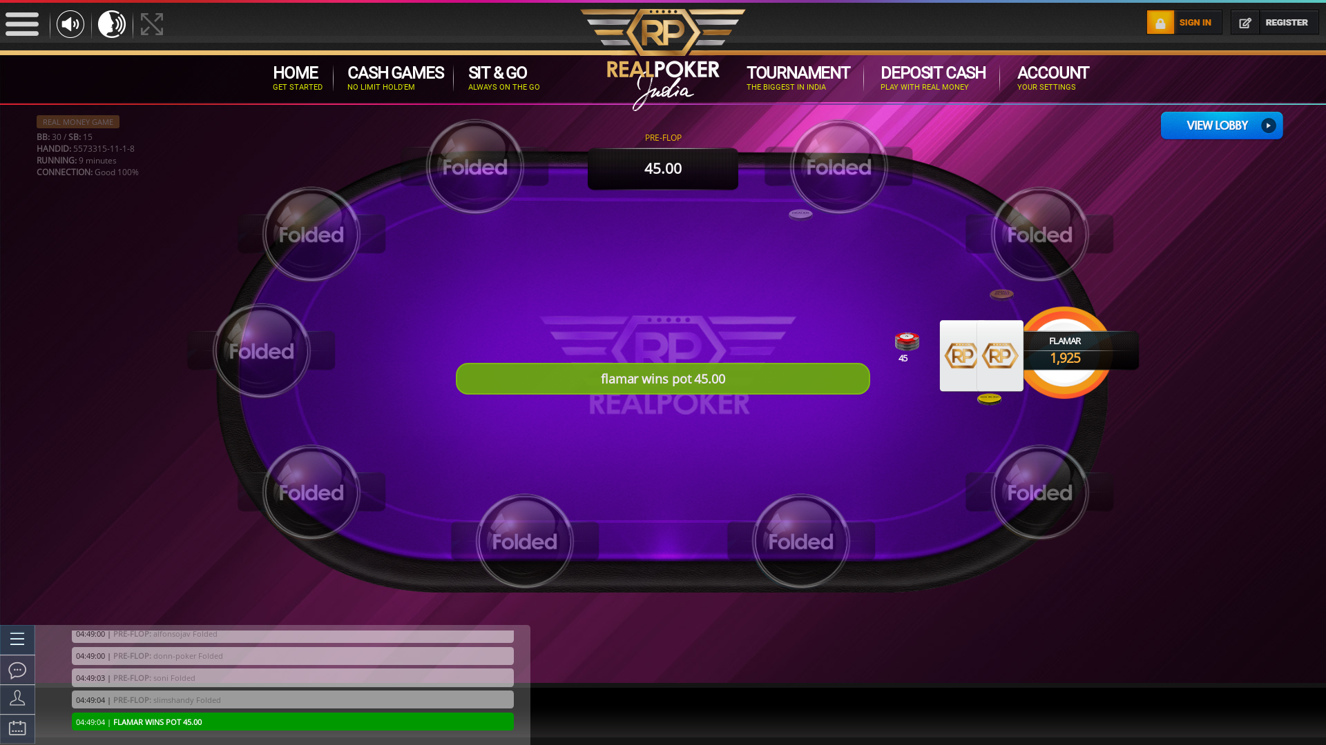 Real poker 10 player table in the 9th minute of the match