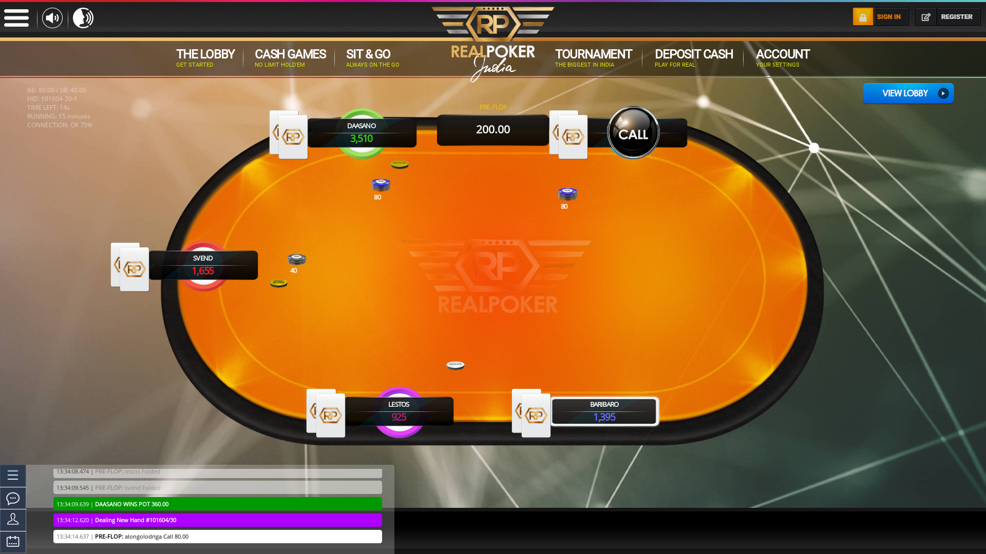 Real poker 6 player table in the 15th minute of the match