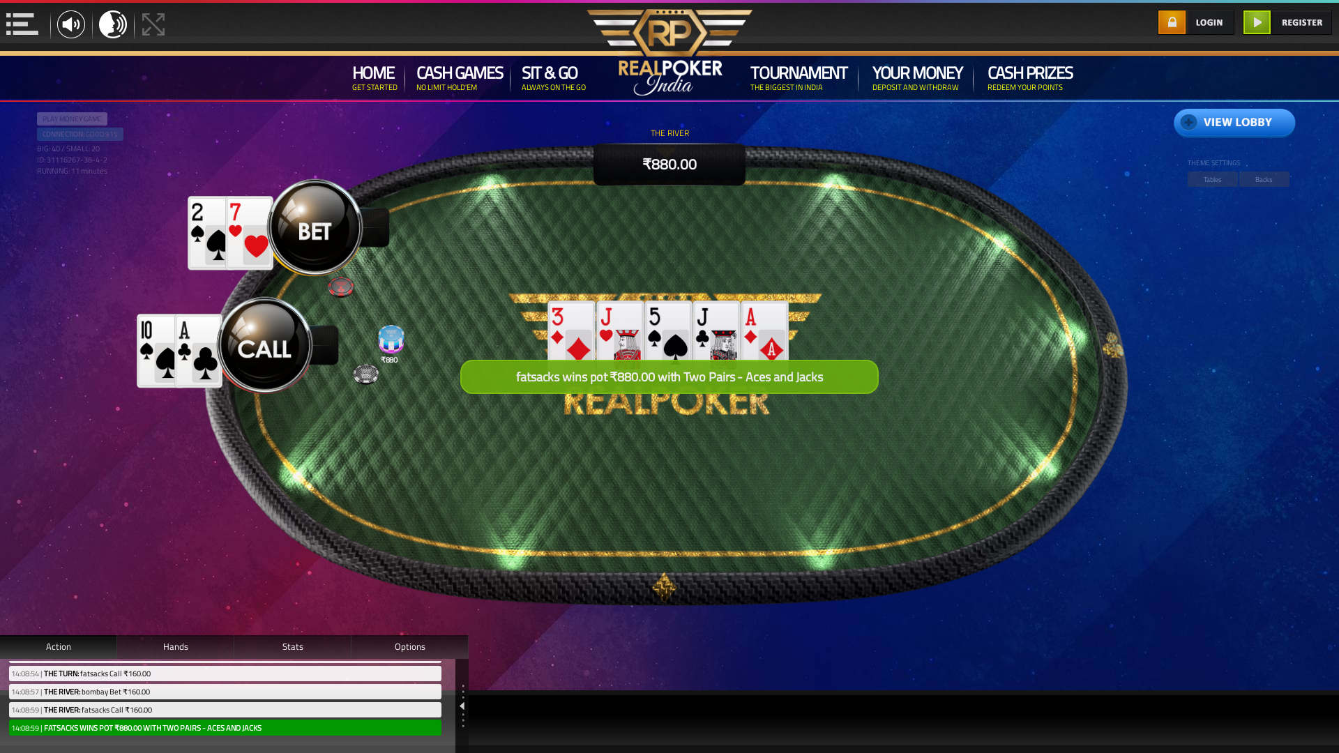 Real poker on a 10 player table in the 11th minute of the game