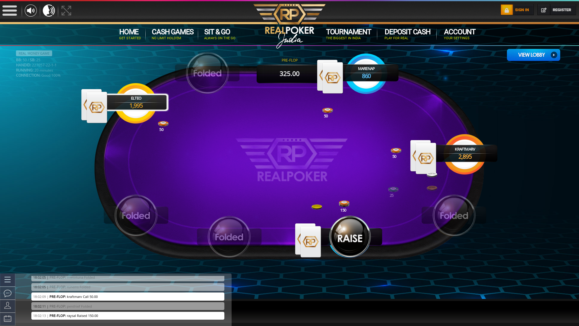 Real poker on a 10 player table in the 20th minute of the game