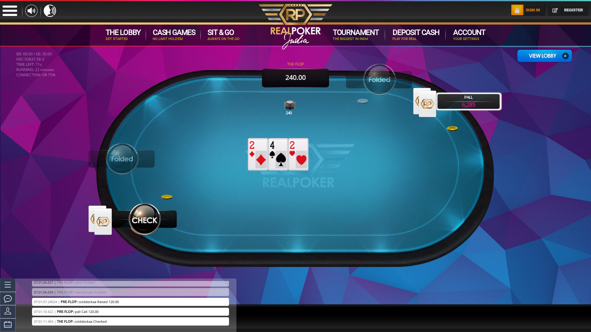 Real poker on a 10 player table in the 22nd minute of the game