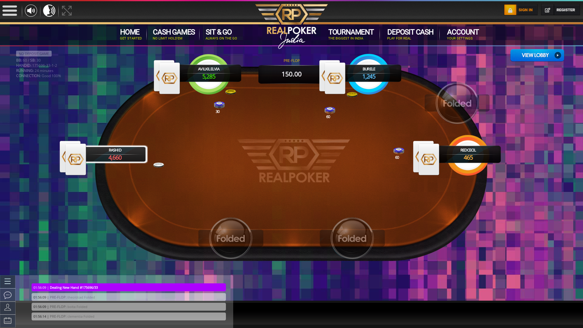 Real poker on a 10 player table in the 24th minute of the game