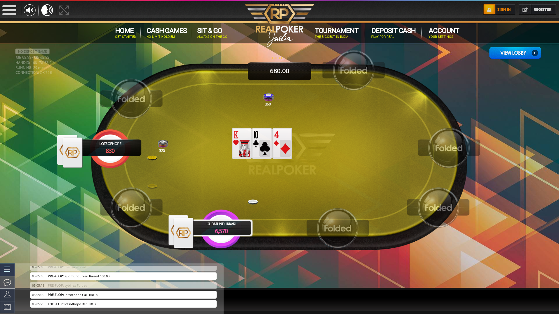 Real poker on a 10 player table in the 29th minute of the game
