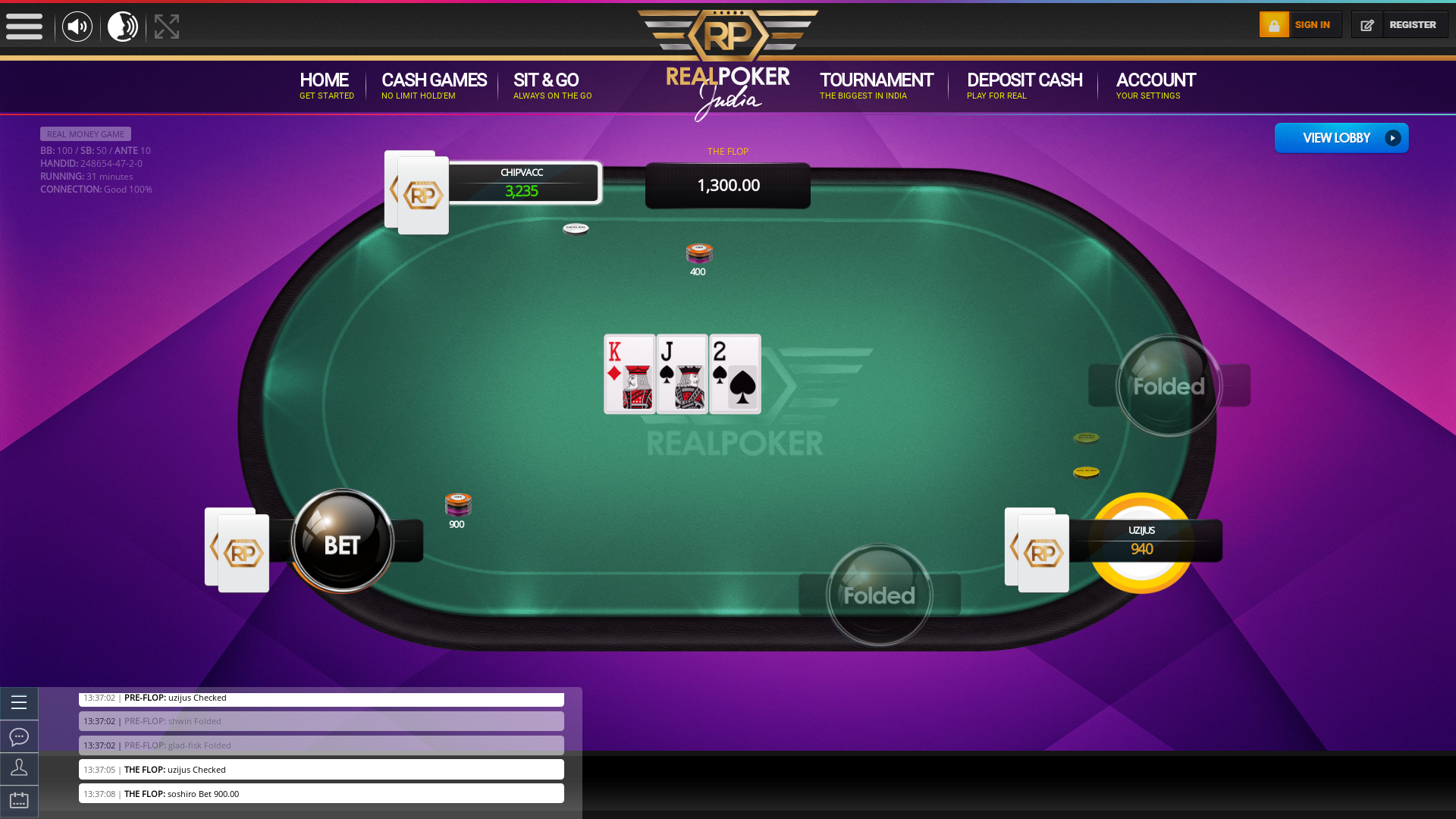 Real poker on a 10 player table in the 30th minute of the game