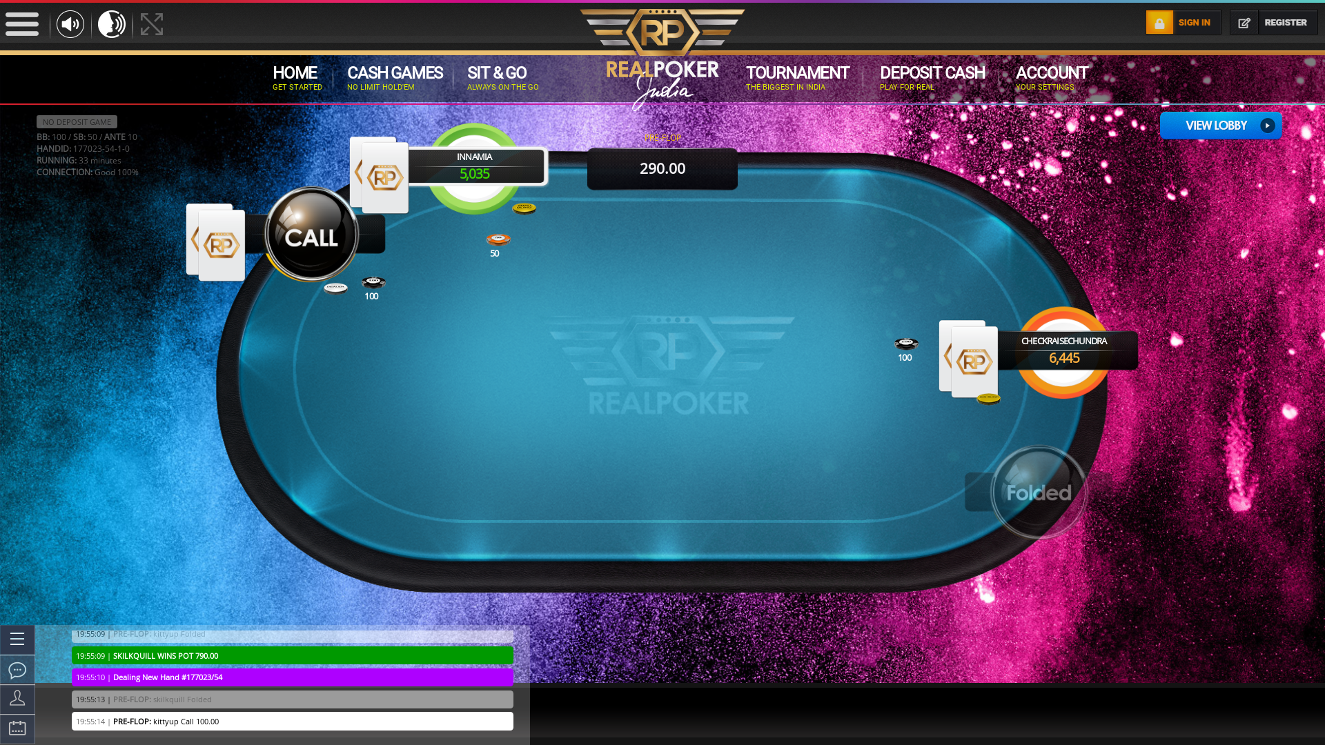 Real poker on a 10 player table in the 33rd minute of the game