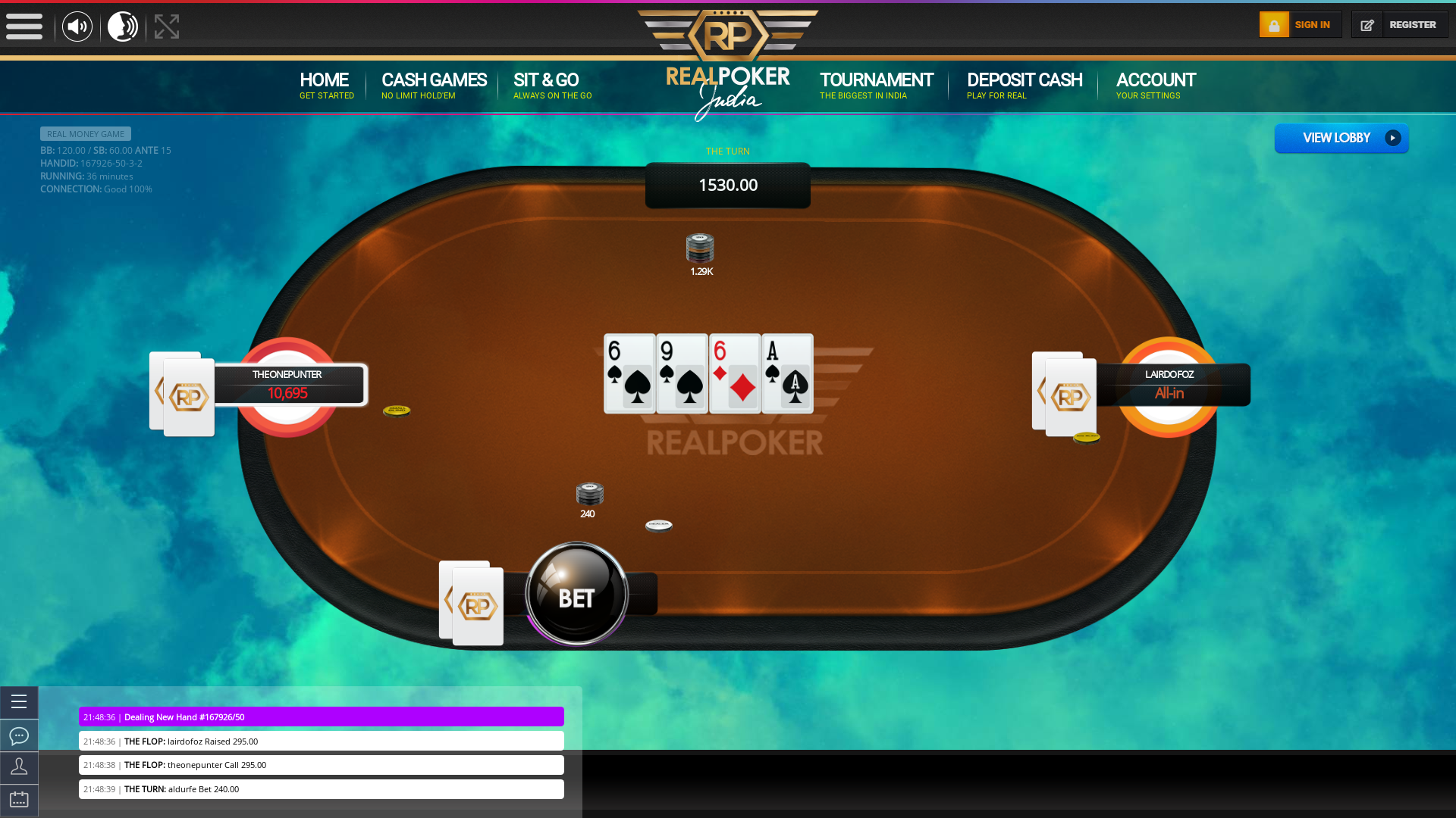 Real poker on a 10 player table in the 35th minute of the game