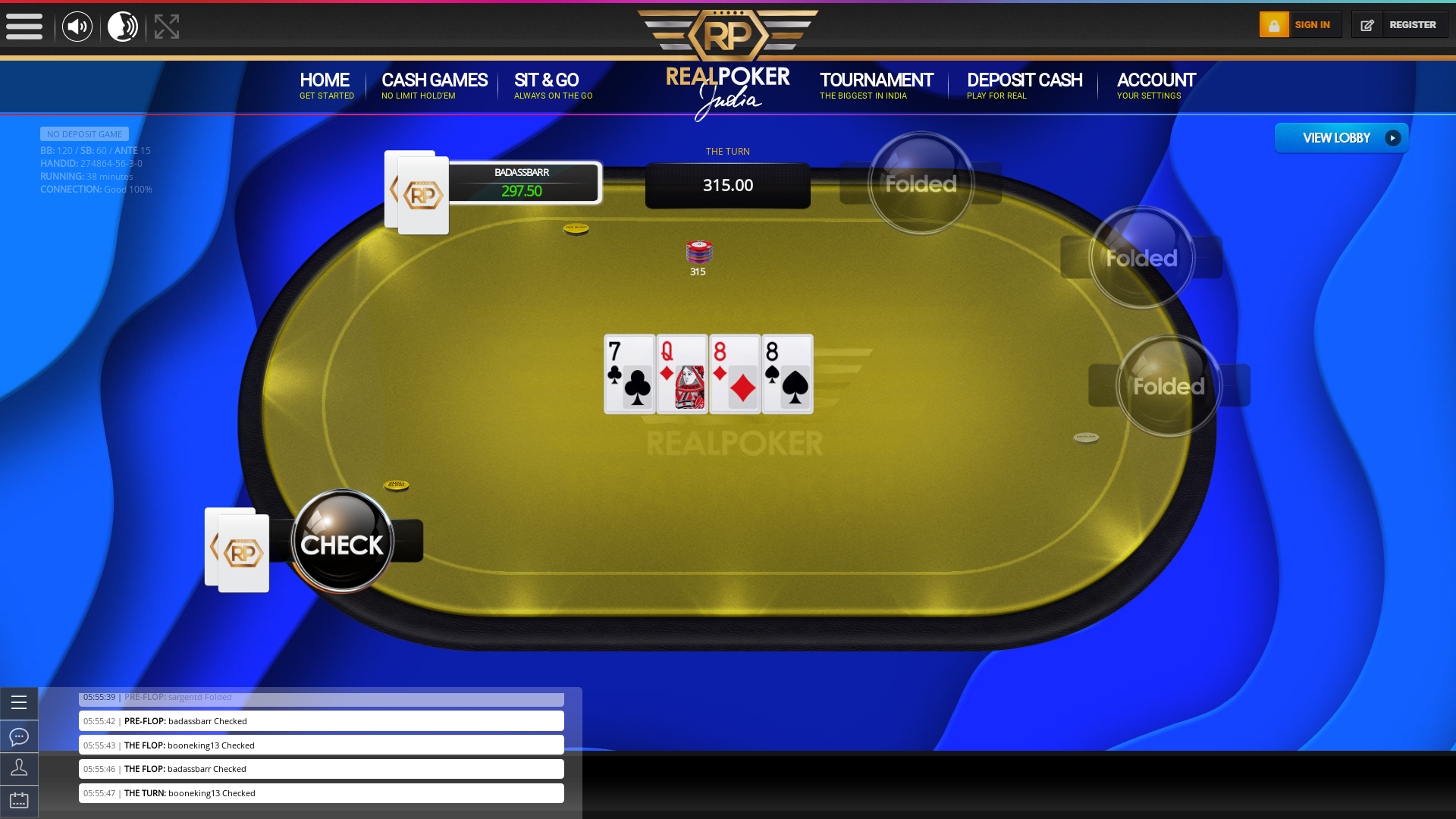 Real poker on a 10 player table in the 38th minute of the game
