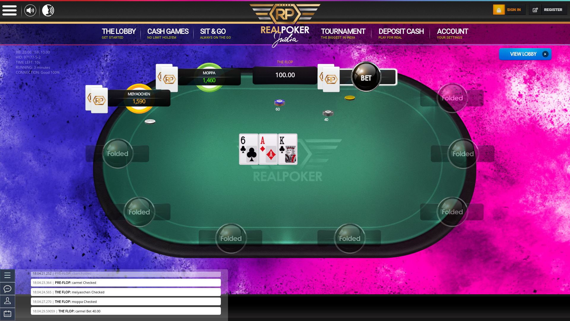 Real poker on a 10 player table in the 3rd minute of the game