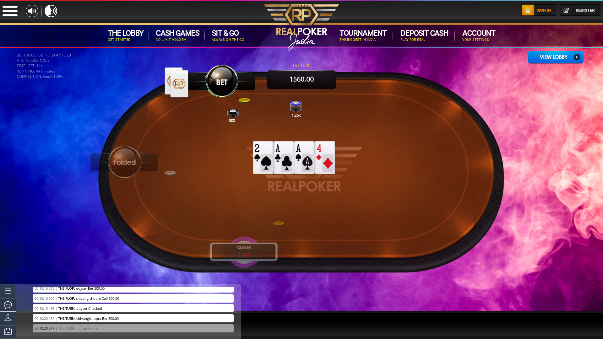 Real poker on a 10 player table in the 44th minute of the game