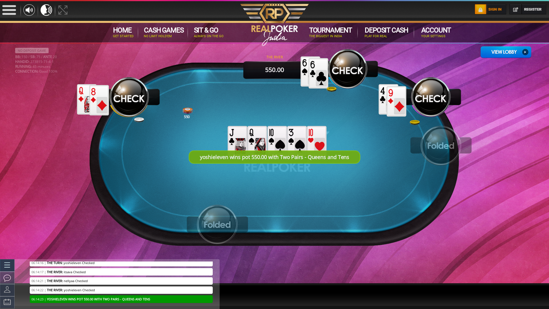 Real poker on a 10 player table in the 45th minute of the game
