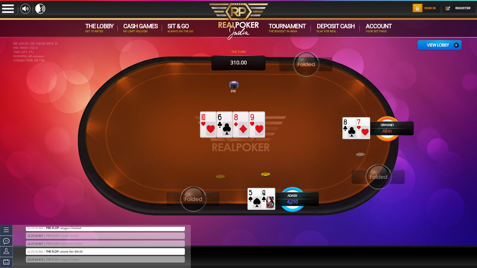 Real poker on a 10 player table in the 48th minute of the game