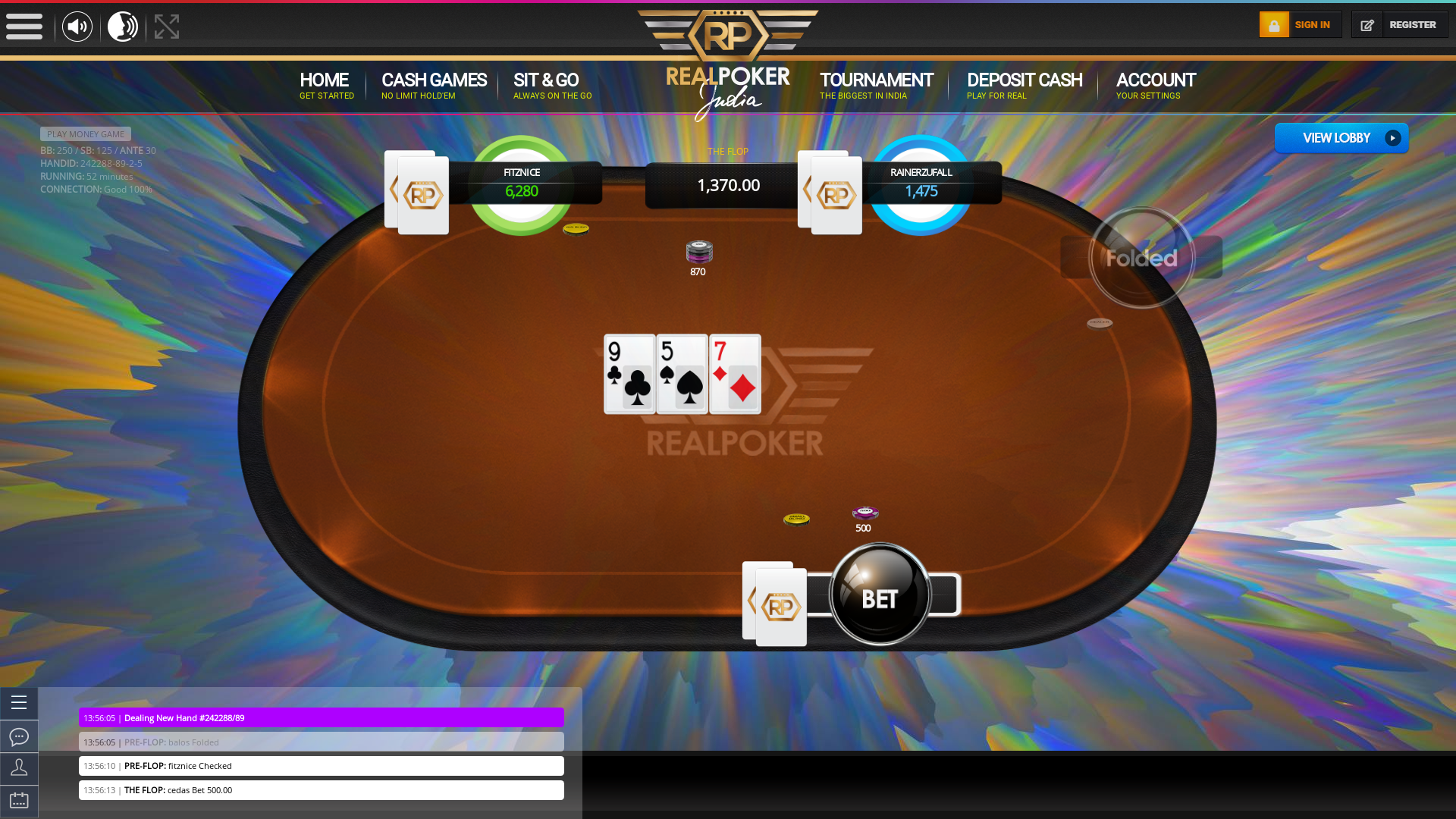 Real poker on a 10 player table in the 52nd minute of the game