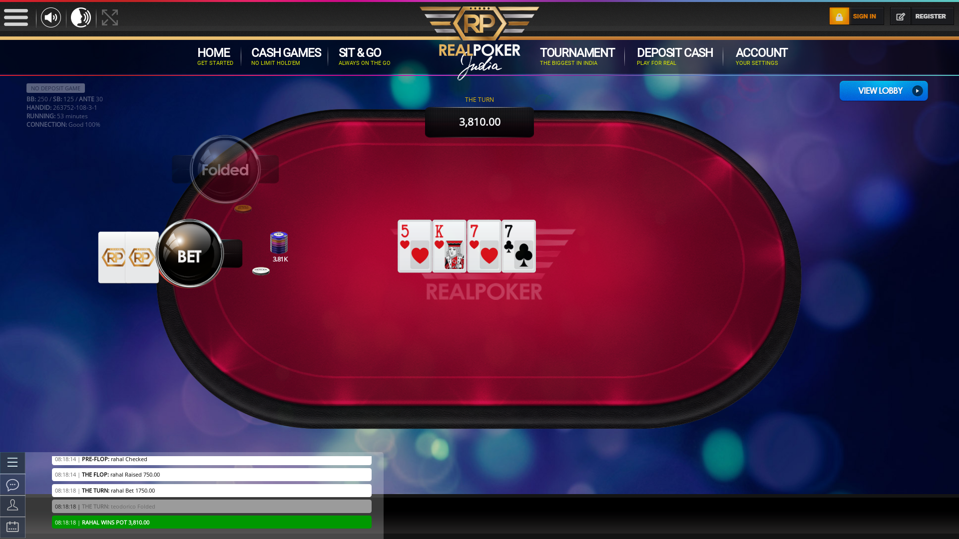 Real poker on a 10 player table in the 53rd minute of the game