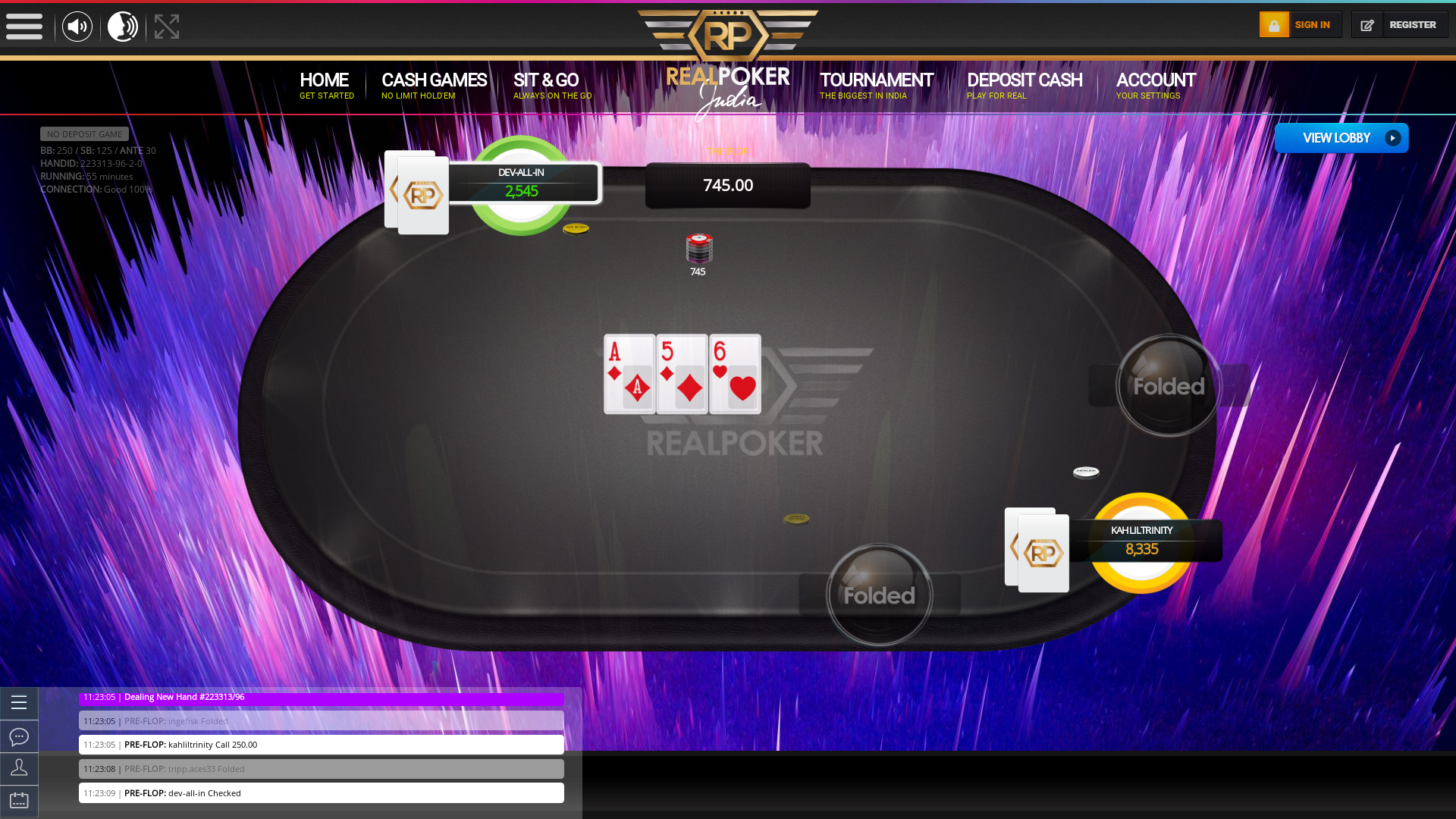 Real poker on a 10 player table in the 54th minute of the game
