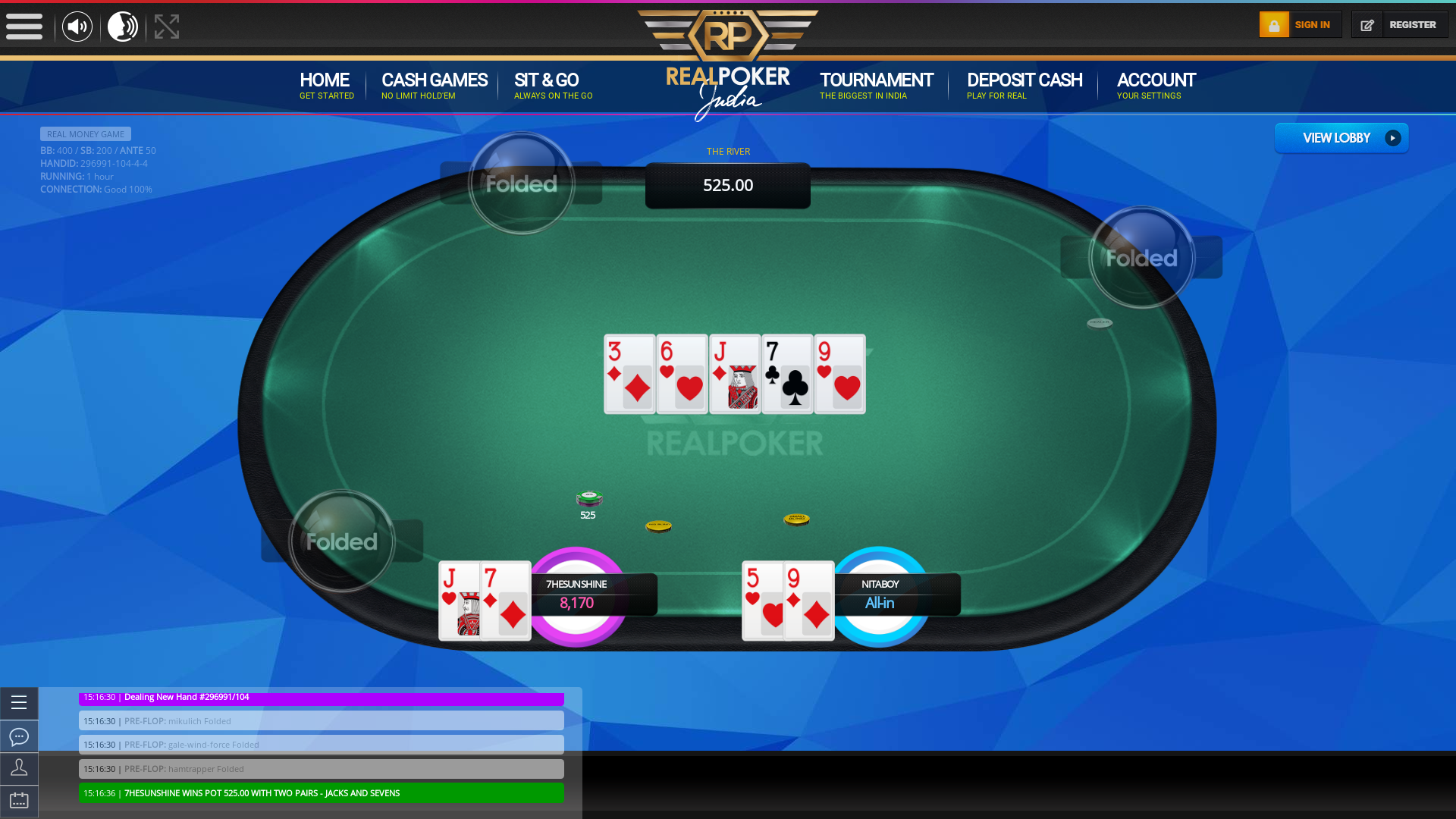 Real poker on a 10 player table in the 60th minute of the game