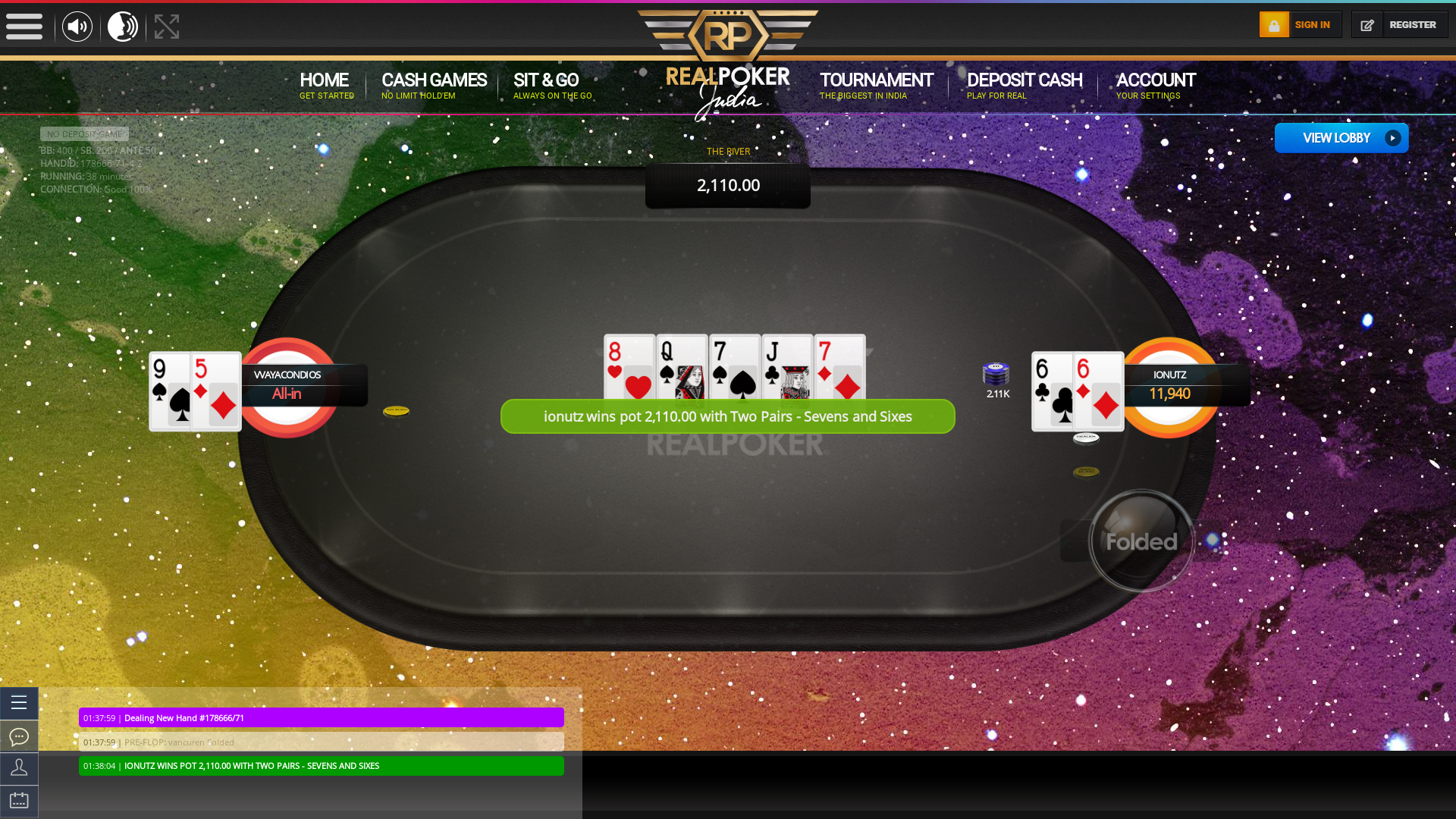 Santa Cruz, Mumbai online poker game on a 10 player table in the 38th minute of the game
