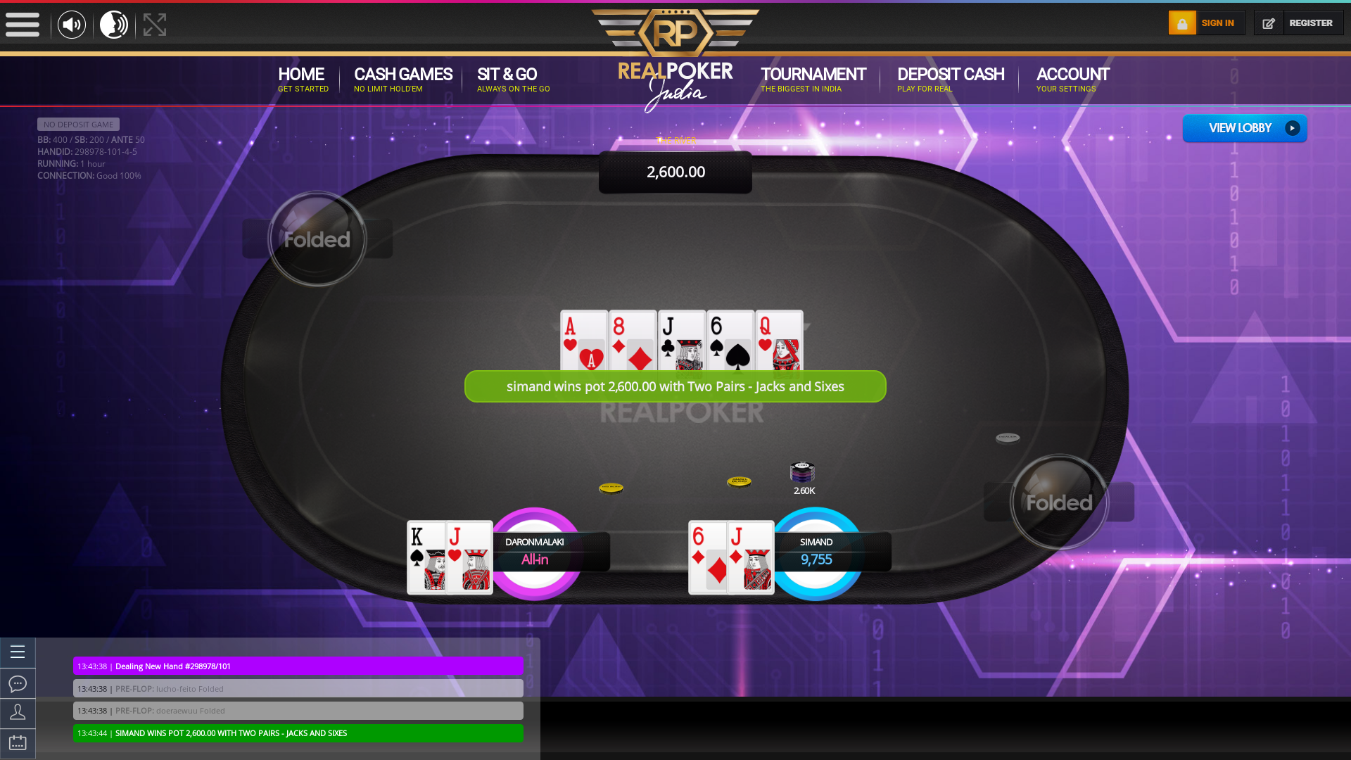 The 102nd hand dealt between daronmalaki, doeraewuu, lucho-feito, simand,  on poker india