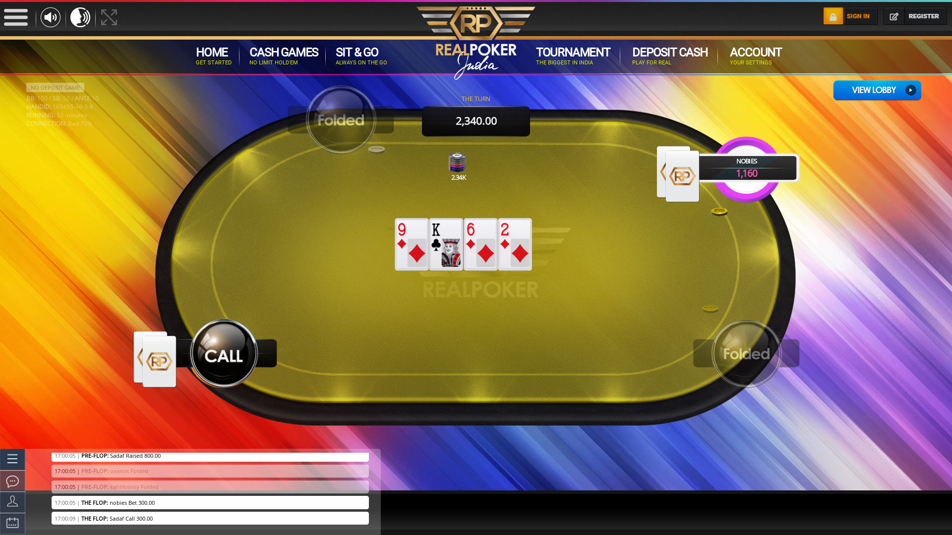 The 46th hand dealt between Sadaf, oxenos, kahliltrinity, nobies,  on poker india