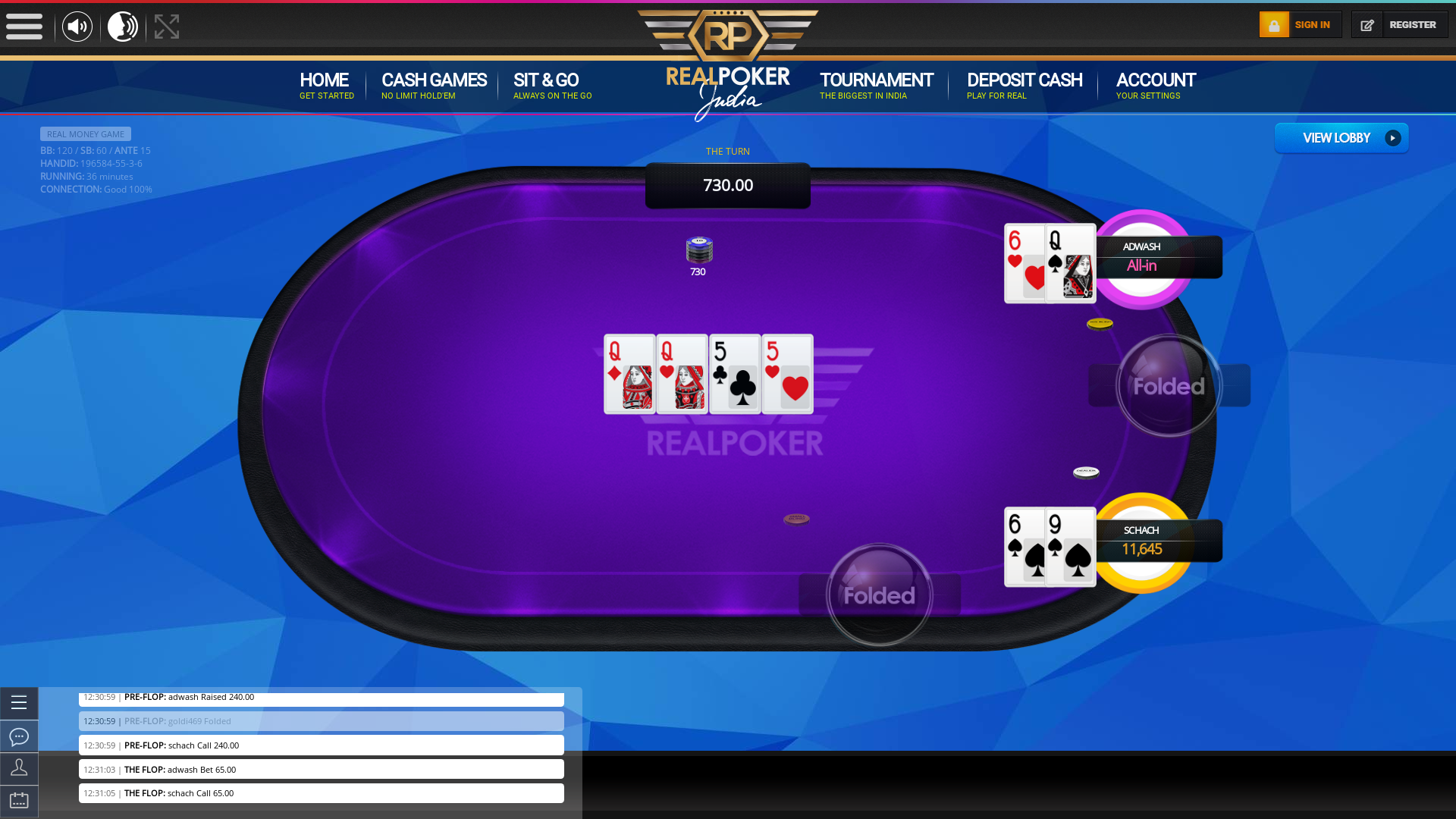 The 55th hand dealt between adwash, goldi469, capt.trips, schach,  on poker india