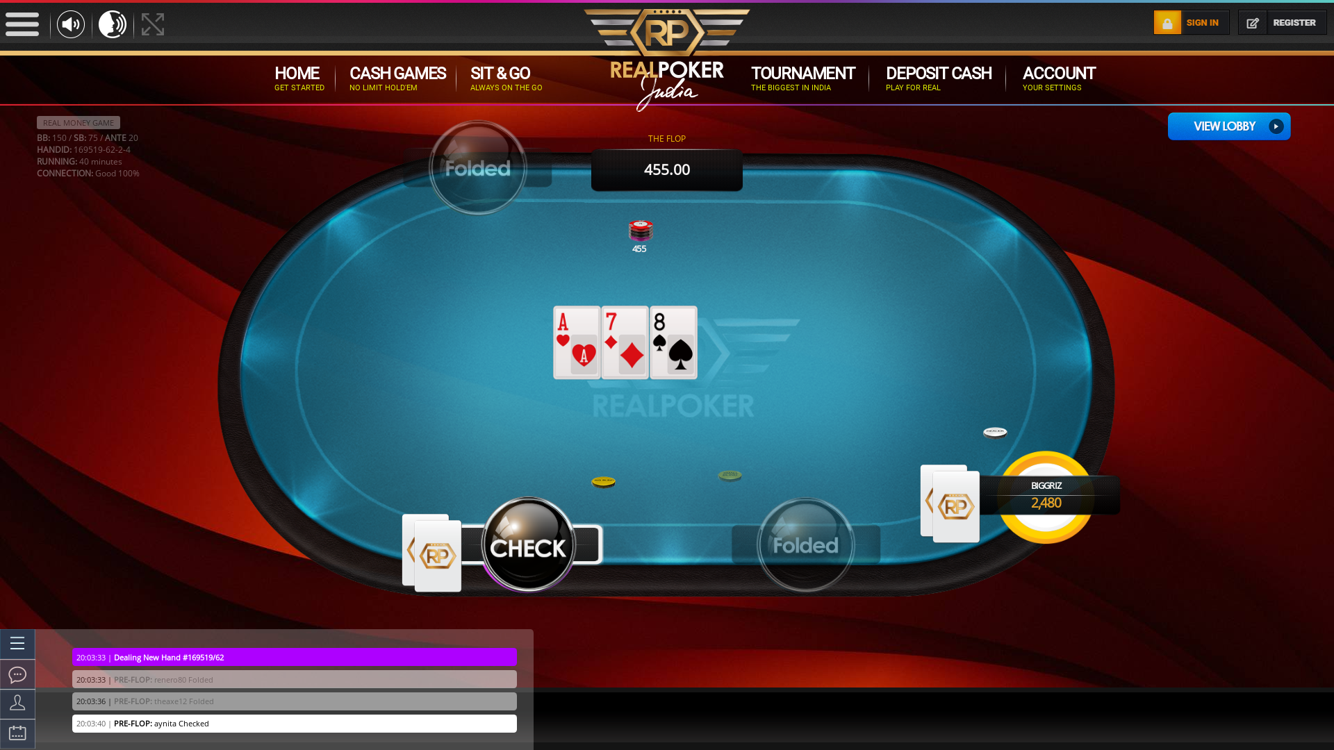The 61st hand dealt between renero80, aynita, theaxe12, biggriz,  on poker india