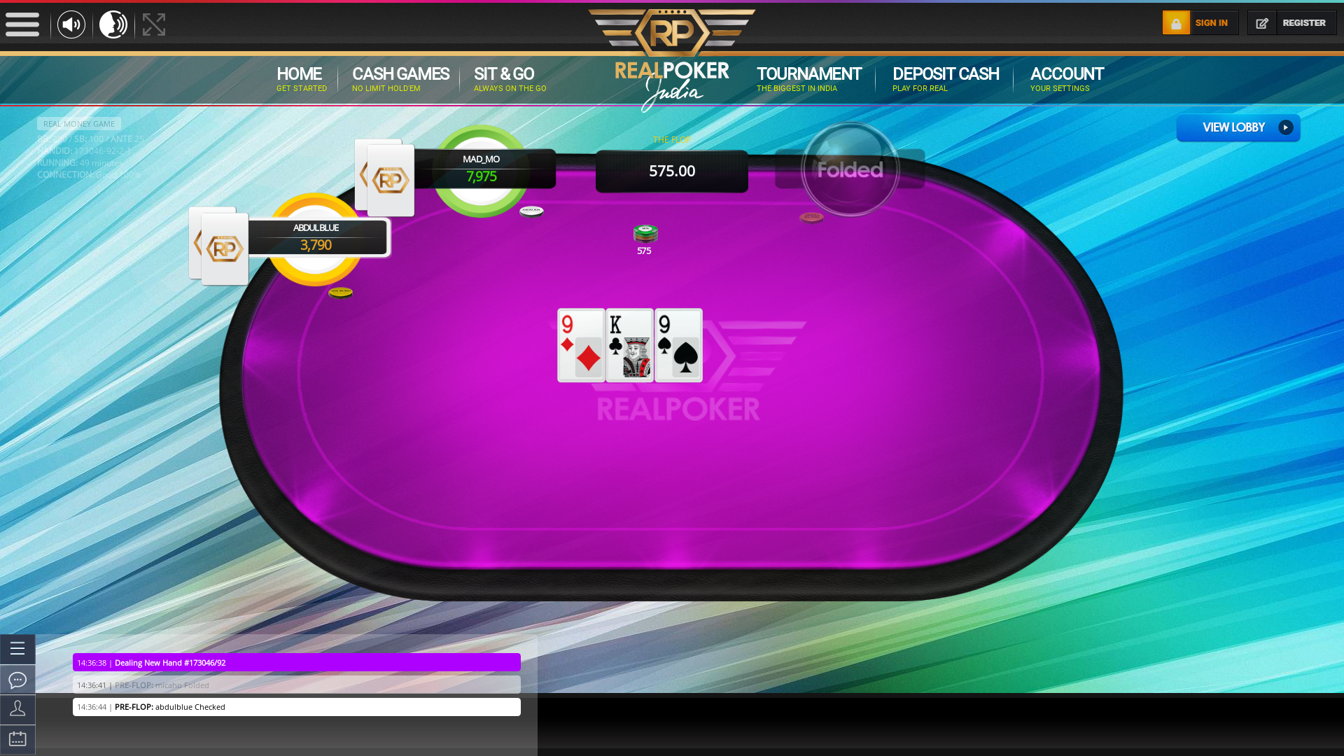 The 91st hand dealt between abdulblue, Mad_Mo, micaho,  on poker india