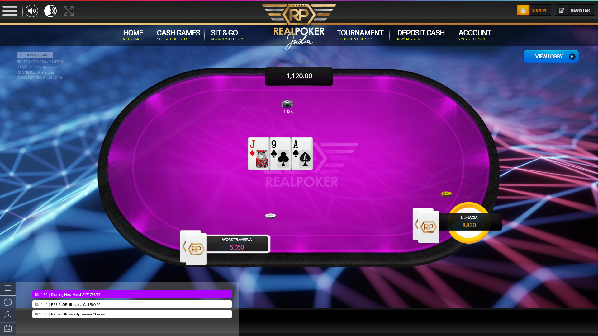 Vijayanagar, Bangalore poker table on a 10 player table in the 39th minute of the game
